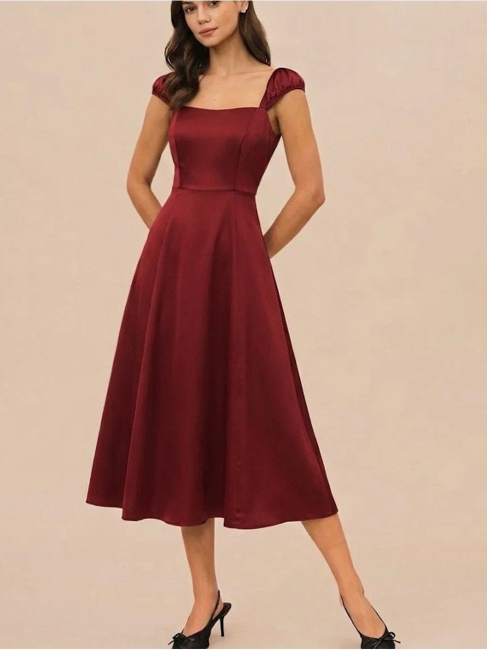 Red Sweetheart Neck Satin Midi Dress